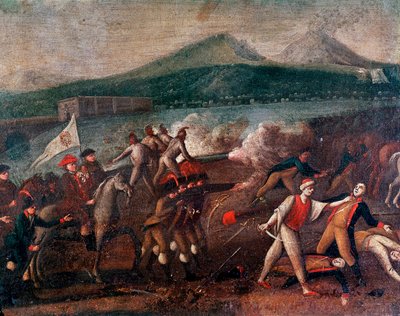 República Partenopea (o república de Nápoles) proclamada el 21/01/1799: El cardenal Fabrizio Dionigi Ruffo de Bagnara (1744-1827) al frente del ejército de Santa Fede llega a Nápoles para expulsar a los republicanos franceses. Pintura anónima alrededor de  de Italian School