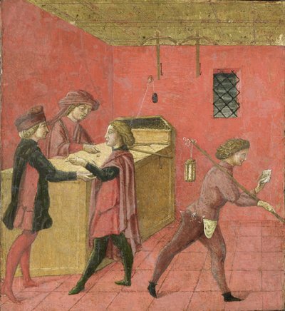 Pago de salarios a los vigilantes nocturnos en la Cámara del Ayuntamiento de Siena,1440-60 (temple sobre tabla) de Italian School