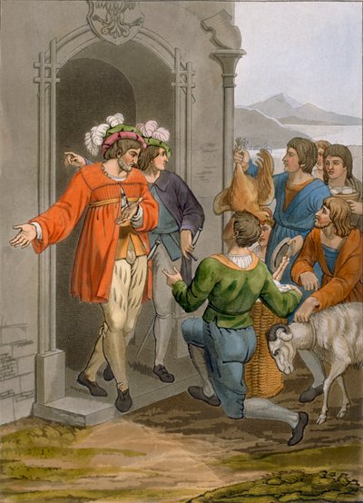 Campesinos dando diezmos, región alpina, c.1800-18 de Italian School