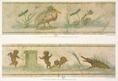 Pelícanos, plantas acuáticas y pigmeos huyendo ante un cocodrilo, después de los frescos originales, de Imágenes del Colombario de la Villa Pamphilj por G. Bendinelli, 1941 de Italian School