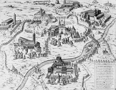 Peregrinos visitando las Siete Iglesias de Roma durante el Año Santo de 1575, grabado, Italia de Italian School