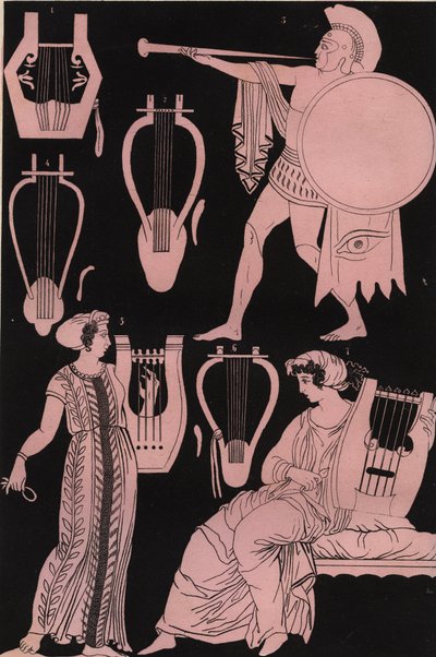 Tuberías, liras y otros instrumentos musicales en la antigua Grecia - Instrumento musical griego antiguo - grabado de “Usi e Costumi di Tutti i Popoli dell
