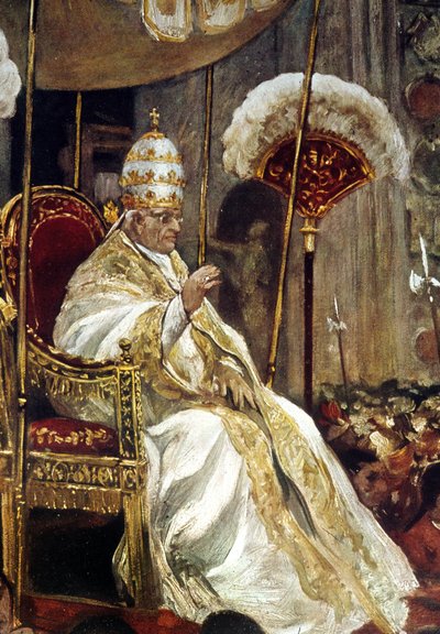 Pío XI el Santo Padre llegando a la Basílica de San Pedro lleva en la "Sedia gestatoria", Pascua de 1937 (óleo sobre lienzo) de Italian School