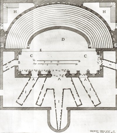 Plano del Teatro Olímpico, Vicenza, diseñado por Andrea Palladio (1508-80) construido en 1580-85 de Italian School