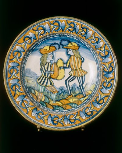 Plato con dos soldados combatiendo con espadas, manufactura de Deruta de Italian School