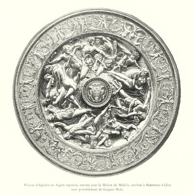 Plato de Jarra en Plata repujada, ejecutado para la Casa de Medici, atribuido a Benvenuto Cellini pero probablemente de Gaspero Mola (grabado) de Italian School