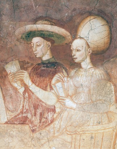 Jugando con cartas de tarot, escena del ciclo de los Juegos, ca. 1445-1450, fresco, Palacio Borromeo, Milán, Lombardía, Detalle, Italia de Italian School