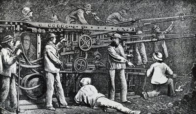 Máquina perforadora de roca neumática creada por Giovanni Battista Piatti y perfeccionada por Germano Sommeiller (1815-1871), grabado Italia de Italian School