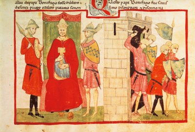 El Papa Bonifacio VIII en Anagni y la expulsión de Sciarra Colonna de la ciudad, miniatura de la Crónica de Giovanni Villani de Italian School