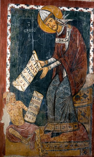 Papa Gregorio I el Grande (540-604) y Job. San Gregorio sostiene un papel donde está escrito en latín 
