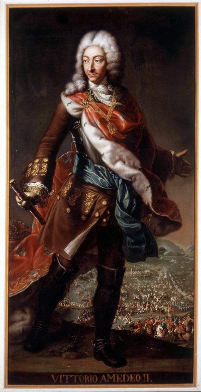 Retrato de Vittorio Amedeo II de Saboya llamado el Zorro Savoyardo (1666-1732) (Víctor Amadeo II o Víctor-Amadeo), Duque de Saboya y Rey de Sicilia y luego de Cerdeña. Pintura conservada en el Castillo A. Racconigi de Italian School