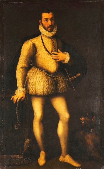 Retrato de un caballero, cuerpo entero, con un jubón blanco bordado, una capa y una espada de Italian School