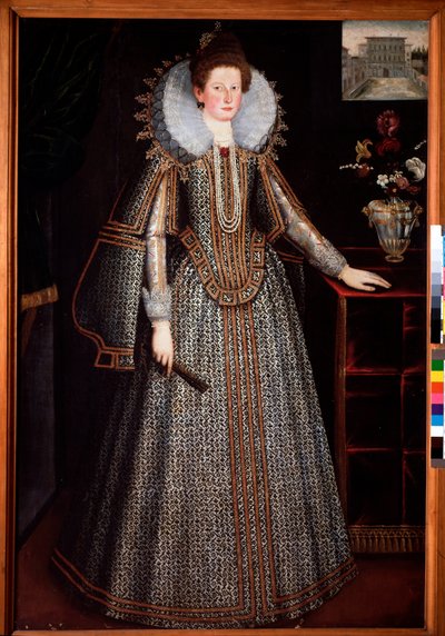 Retrato de una dama de la nobleza florentina detrás de ella una representación del Palacio Pitti de Italian School