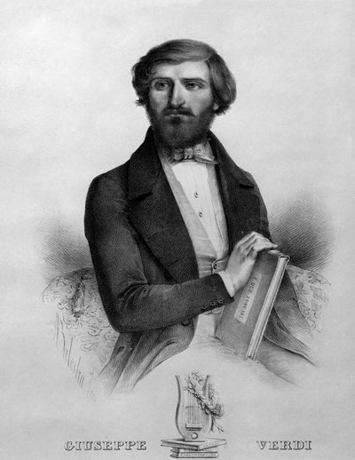 Retrato del compositor italiano Giuseppe Verdi (1813 - 1901) en 1844 con la partitura de la ópera “I due foscari” de Italian School