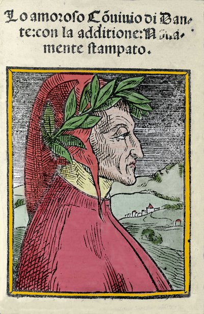 Retrato del poeta italiano Dante Alighieri (1265-1321). Grabado. Frontispicio de “Il convivio” de 1554 de Italian School