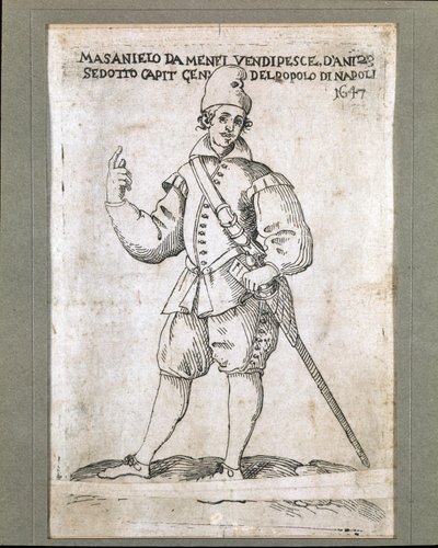 Retrato del pescador napolitano y revolucionario Masaniello (1623-1647) (Retrato de Masaniello, pescador napolitano y líder de la revuelta contra el dominio de los Habsburgo en Nápoles en 1647) Grabado del siglo XVII Museo Nazionale di San Martino Nápoles de Italian School