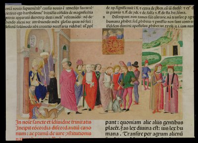 Presentación de la obra al Papa, del "Decretum Gratiani" (vitela) de Italian School