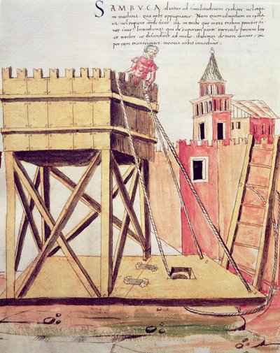 Proyecto de torre de asedio, ilustración de "De re Militari" de Roberto Valturio (1405-75) 1470 (pluma y tinta y acuarela sobre papel) de Italian School