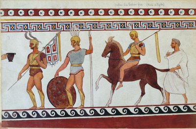 Reconstrucción de pintura de tumba de Paestum que representa soldados de infantería y caballería griegos de Italian School