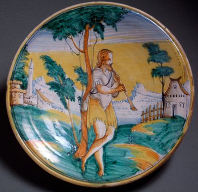 Arte renacentista: plato decorado con un flautista - Finales del siglo XVI Producción de Viterbo, Italia. Florencia, Museo Nazionale del Bargello de Italian School