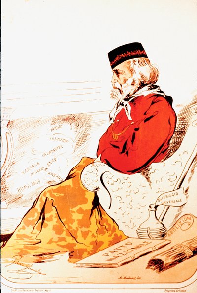 Representación por miembros de la derecha parlamentaria de los Héroes del Risorgimento y el patriota italiano Giuseppe Garibaldi en 1874. Dibujo. Roma, Museo del Risorgimento de Italian School