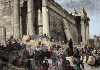 Representación de Arnaud de Brescia (Arnaldo da Brescia) (1090-1155), reformador político y religioso italiano, durante la predicción. En 1145 predicó en Roma la revuelta contra el Papa Eugenio III, quien debía ser cazado y buscaba restaurar la República R de Italian School