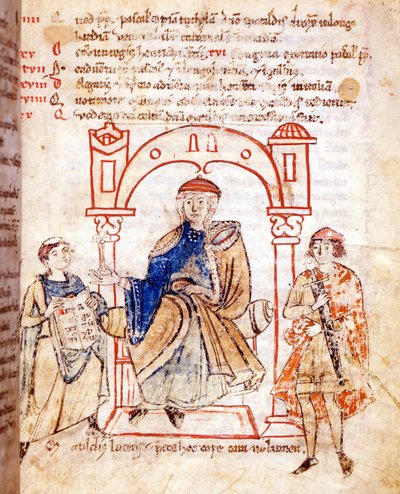 Representación de la condesa Matilde de Canossa (o condesa Matilde de Toscana) (1046 - 1115). “Vitas mathildis” de Donizone. Manuscrito del siglo XIII, Lucca, Bibl. Governativa. de Italian School