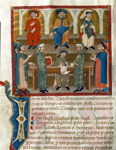 Representación de una oficina de estudios notariales Página tomada de Matricola del Consorzio dei Notai di Perugia (ms. 972) (Registro de la Orden de Notarios) 1343-1354 Perugia, Biblioteca Comunale Augusta de Italian School