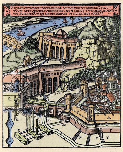 Representación de un acueducto. Grabado coloreado de 