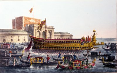 Representación del Bucentauro. En el Día de la Ascensión, el Dogo cruzaba la laguna de Venecia para llegar a la boca del mar abierto a bordo de un barco llamado el Bucentauro de Italian School