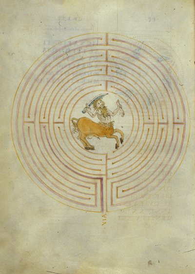 Representación del Minotauro en el centro del laberinto (pluma y tinta y acuarela sobre papel) de Italian School