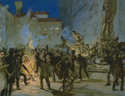 Revolución en Florencia, 27 de abril de 1859, ilustración de un álbum sobre la historia del Risorgimento hecho para el chocolate Talmone, finales del siglo XIX de Italian School