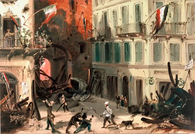 Revoluciones de 1848, Cinco Días de Milán: barricadas cerca de la puerta Pusterla Beatrice el 22 de marzo (pintura) de Italian School