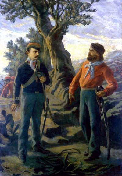 Risorgimento: Gerolamo Bixio llamado Nino Bixio (1821-1873) y Giuseppe Garibaldi (1807-1882) en la Batalla de Calatafimi en Sicilia el 15/05/1860. Garibaldi proclama a Bixio que sugiere retirarse: 