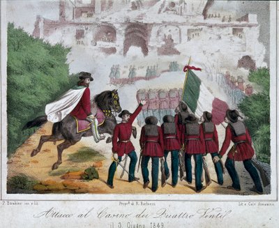 Risorgimento, República Romana: los soldados del ejército de Giuseppe Garibaldi, a caballo, intentan reconquistar la villa de los Quattro Venti en Roma el 03/06/1849. Litografía. Roma, Museo Nazionale del Risorgimento de Italian School