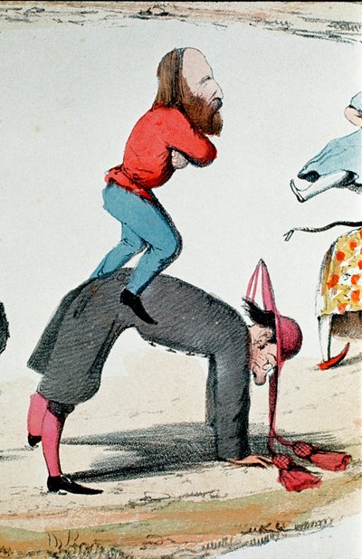 Risorgimento: dibujo satírico que representa a los héroes del Risorgimento Giuseppe Garibaldi (1807-1882) regulando la Cuestión Romana, controversia política sobre el papel de Roma, sede del poder temporal del Papa y capital del nuevo reino de Italian School