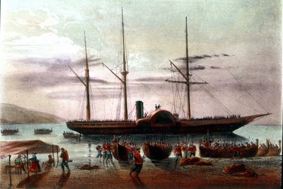 Risorgimento: la partida el 8/08/1860 de Giuseppe Missori, oficial del ejército de Giuseppe Garibaldi (1807-1882), en el estrecho de Messina hacia el Fuerte de Villa San Giovanni. Ilustración del siglo XIX de Italian School