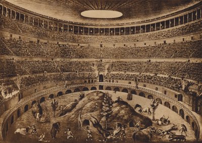 Roma / Roma: Interior del Coliseo, La caza de las ferias, reconstrucción histórica (litografía) de Italian School