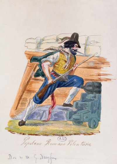 Voluntario popular romano de la insurrección de 1848 en Roma (grabado en color) de Italian School