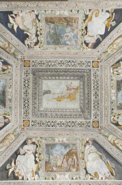 Sala de Juno: Juno en un carro tirado por dos pavos reales observando la traición de su esposo de Italian School