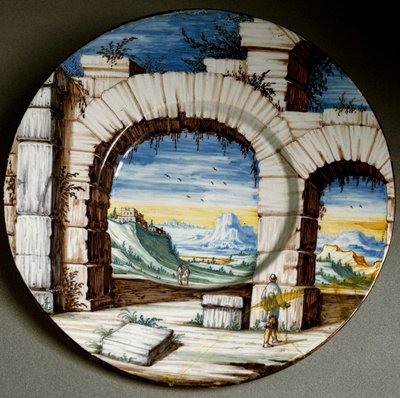 Ruina y paisaje. Plato de cerámica producido en Angarano, Italia. Alrededor de 1650 Florencia, Museo Nacional del Bargello de Italian School