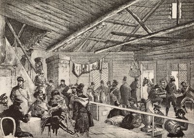 Soldados rusos en una taberna cerca de las fortificaciones de Varsovia, Polonia, grabado de un boceto de Fritzmann, de L