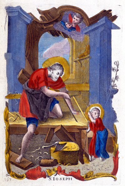 San José como carpintero y Jesús, imagen italiana de Italian School