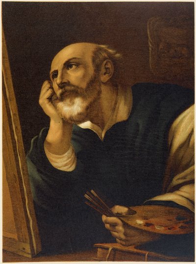 San Lucas pintando en “Aurea Bibbia classica: historia de la revelación divina en el antiguo y nuevo testamento” por Giovanni Ladislao Sykora (vol. 2), traducido por Don Clemente Benetti. (Biblia italiana) de Italian School