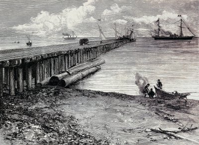 Mina de San Leon, plataforma de embarque de mineral para Maddalena, grabado, Cerdeña, Italia de Italian School