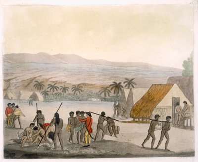 Islas Sandwich - un occidental negociando por provisiones, lámina 92 de Le Costume Ancien et Moderne, por Jules Ferrario, publicada c.1820s-30s de Italian School