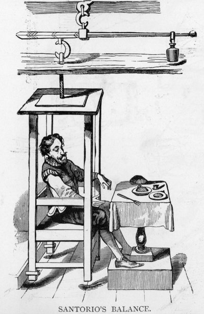 Santorio Santorio sentado en su máquina de balance de Italian School