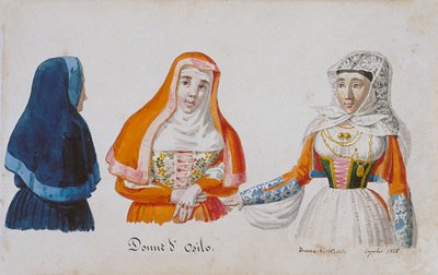 Trajes sardos de Osilo y Milis, impresión ms. 258, Colección Luzzetti de Italian School