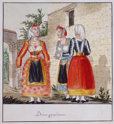 Mujeres sardas con trajes de Campidano, impreso ms.258, Colección Luzzetti de Italian School