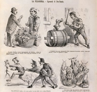 Caricatura satírica dedicada a la crisis vitivinícola causada por la filoxera, ilustración del periódico satírico Spirito Folletto, 18 de septiembre de Italian School